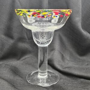 Lot 4 Mexican Art Glass Hand-Blown Confetti Rim Heavy Margarita Glasses 7"